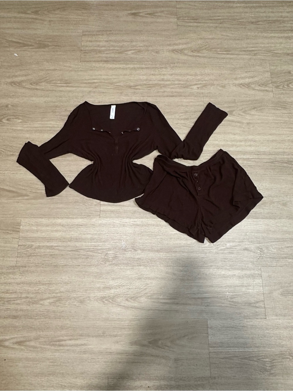 Women's Brown chocolate brown Ribbed Henley Top & Shorts Set